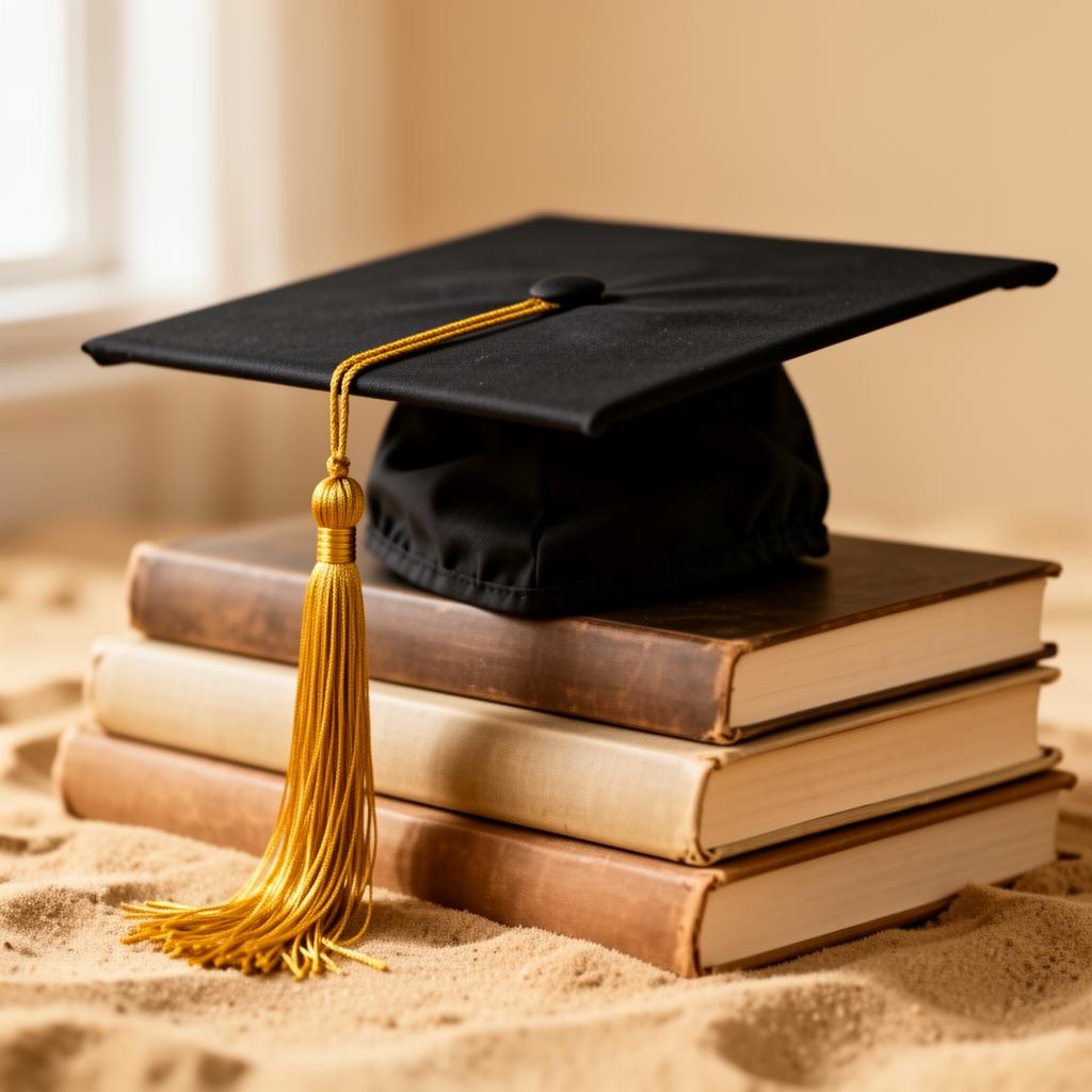 Graduation cap resting on a stack of books — celebrating a child's accomplishment